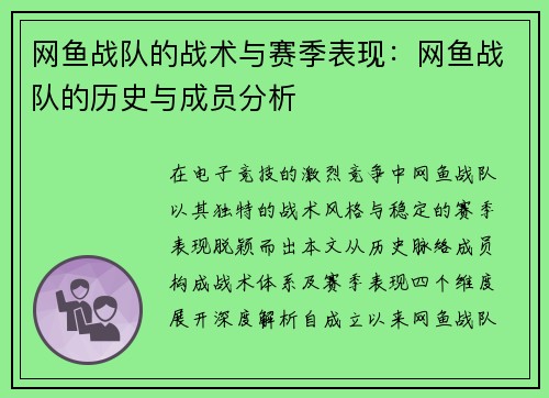网鱼战队的战术与赛季表现：网鱼战队的历史与成员分析